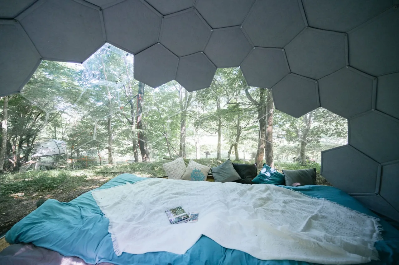 A dome nestled in the forest at Kuuchuu No Mura