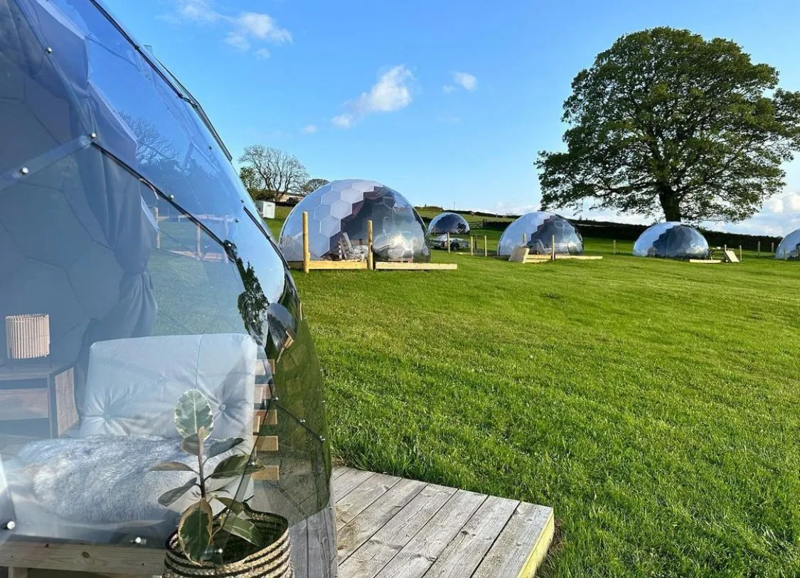 Stylish geodesic dome glamping pods under open sky
