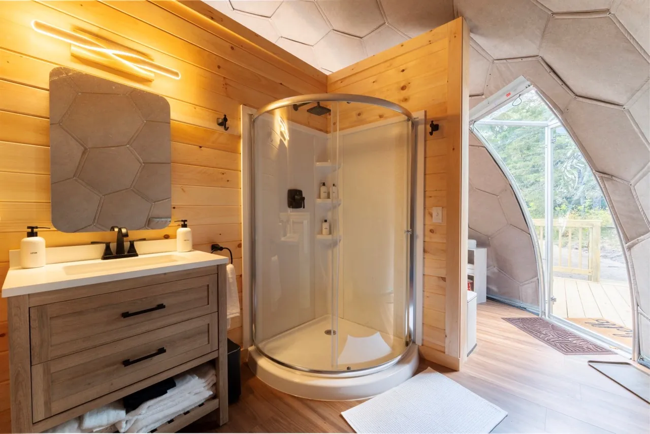 A shower in a Hypedome glamping dome