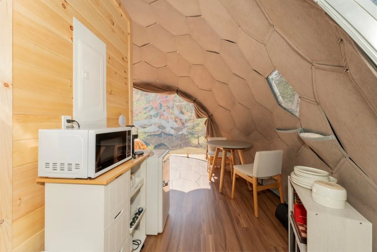 A glamping suite in a Nova Nook dome at Nature Nooks in Maine