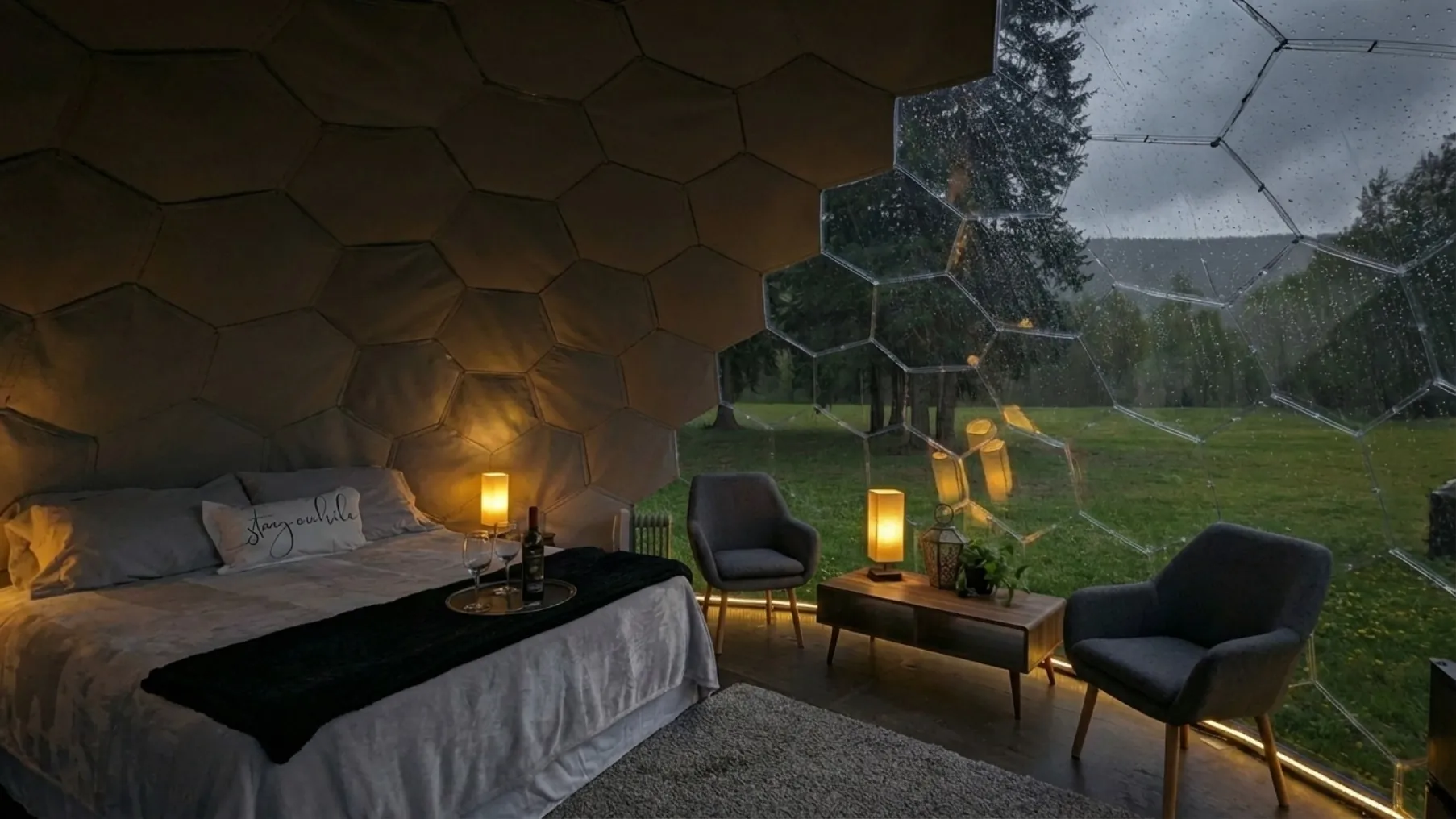 Hero gallery example: dome interior with cozy bedroom, ambient night lighting through transparent panels