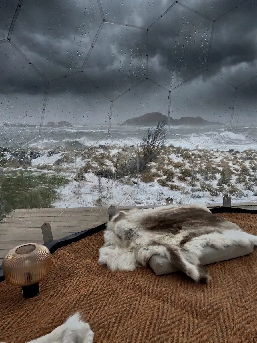 Magic-hour and all-season examples: dome in stormy snow with cozy fur interior — the kind of conditions a dome photographs best in