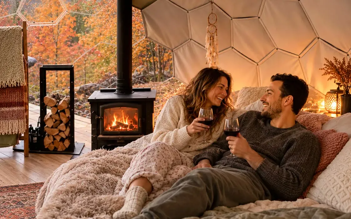 A couple with wine under blankets by a wood-burning stove inside a cosy dome, autumn trees outside
